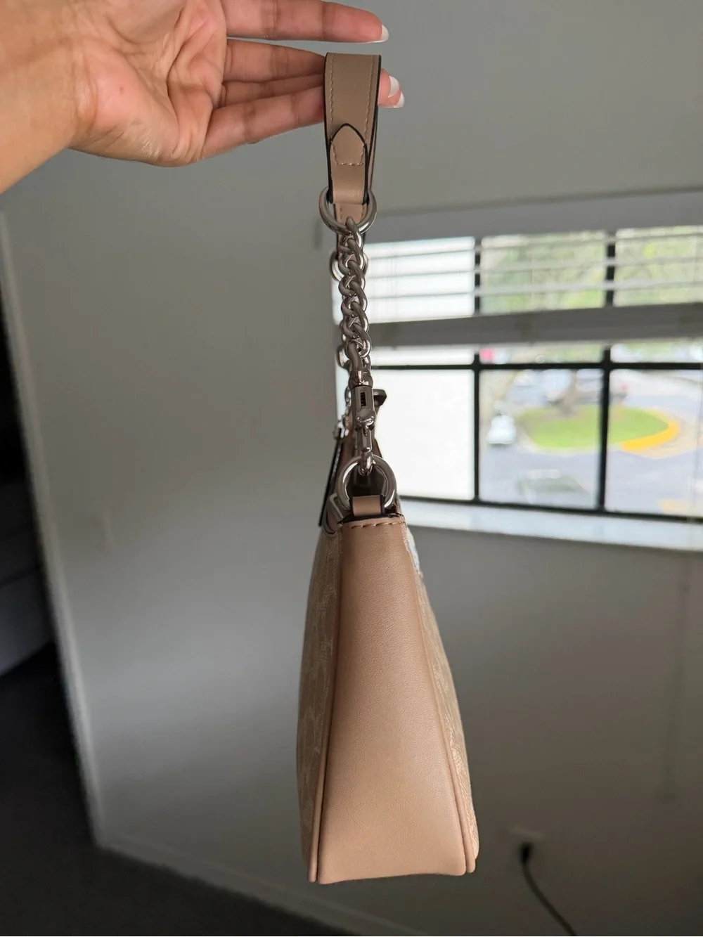 Coach Beige Signature Canvas Mini Shoulder Bag with Silver Hardware